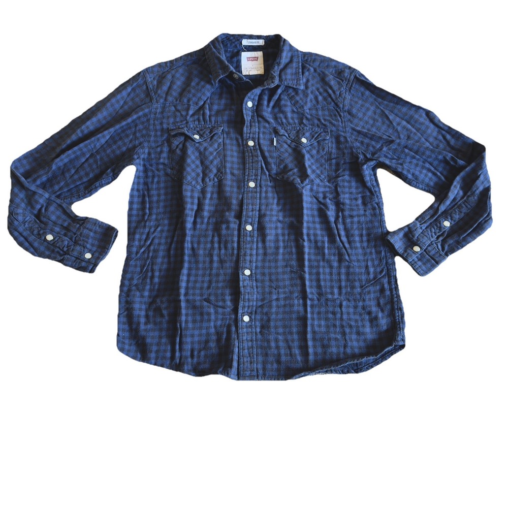 Levi's Long Sleeve Button Up Shirt Blue Pearl Snaps Checkered Men's Small Collar